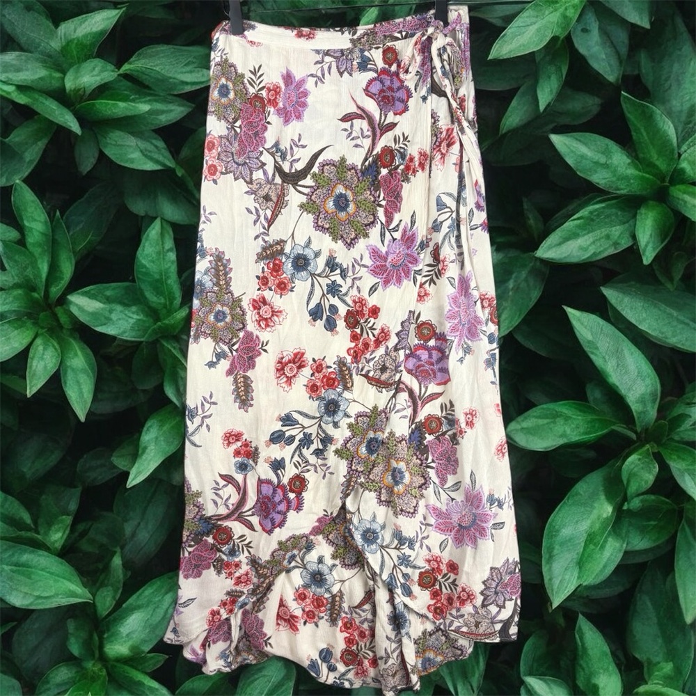 Patrons of Peace Cream and Pink Floral Midi A-Line Wrap Skirt Gypsie - Picture 2 of 8